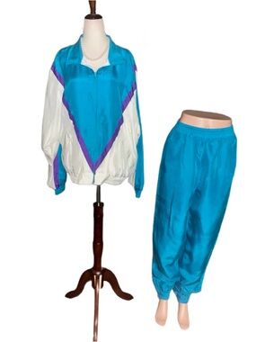 Naked Silk • Large • Turquoise/White • Silk • Jacket & Pants Set • Tracksuit
